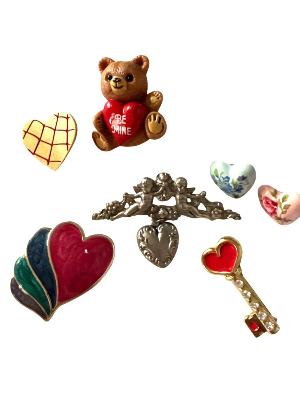 Vintage Valentines Day Pin Lot Teddy Bear Heart Angel Key 1985 Hallmark Pins
